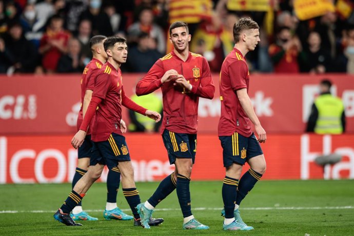 Ferran Torres of Spain celebrates a goal during the International Friendly match between Spain and Albania at RCD Stadium on March 26, 2022 in Barcelona, Spain.