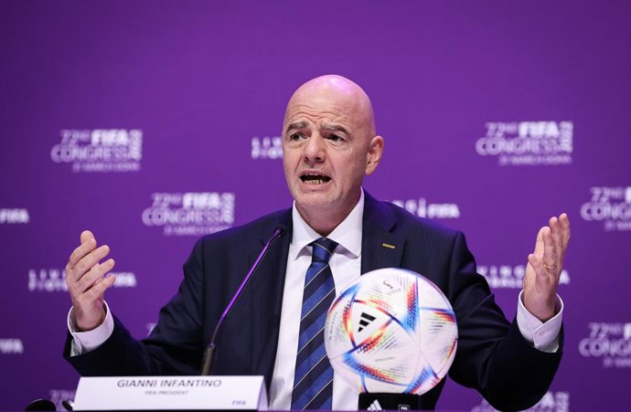 31 March 2022, Qatar, Doha: FIFA president Gianni Infantino speaks at a press conference after the 72nd FIFA Congress at the Doha Exhibition and Convention Center. Photo: Christian Charisius/dpa
