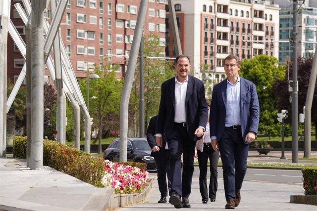 El candidato a la Presidencia del Partido Popular, Alberto Núñez Feijóo (d), acompañado por el presidente del PP del País Vasco, Carlos Iturgaiz, a la llegada a un acto en el Palacio Euskalduna
