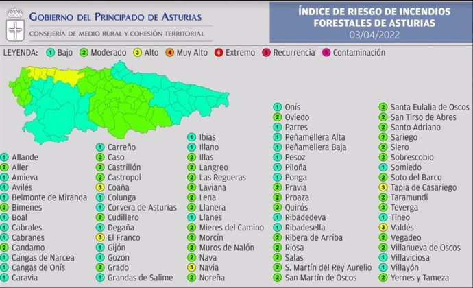 Mapa de concejos con riesgo de incendio forestal.
