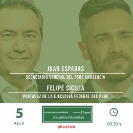 Careta de encuentro informativo de Europa Press Andalucía con Juan Espadas y Felipe Sicilia convocado para el 5 de abril de 2022 en Sevilla.