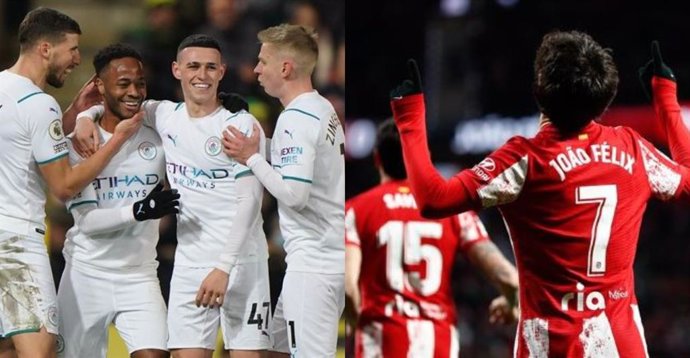 Días, Sterling, Foden y Zinchenko celebran un gol para el Manchester City (izquierda) y Joao Félix señala al cielo tras marcar un gol para el Atlético de Madrid (derecha).