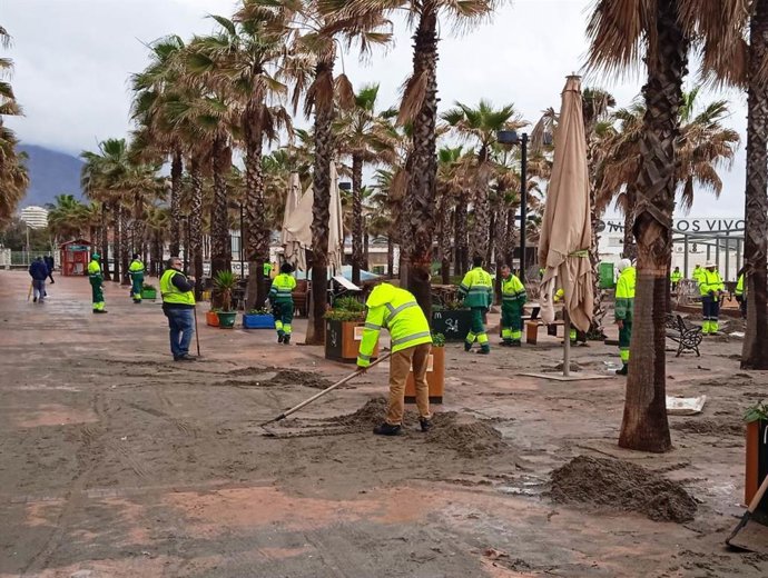 Operarios de Limpieza de la empresa concesionaria trabajan en la labores de retirada de arena en el Paseo Marítimo