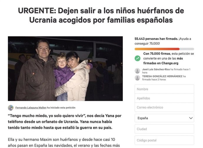 Captura de la petición de familias de acogida de niños ucranianos en Change.Org.