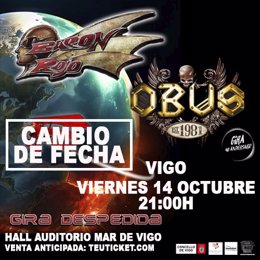 Barón Rojo y Obús aplazan su concierto en Vigo hasta el 14 de octubre por "temas logísticos".