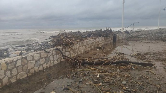 Efectos del temporal en uno de los paseos marítimos de Málaga capital