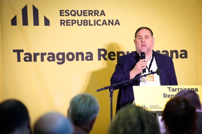 El presidente de ERC, Oriol Junqueras, en su intervención tras la designación del alcalde de Tarragona, Pau Ricom, como candidato republicano a las elecciones municipales de 2023.