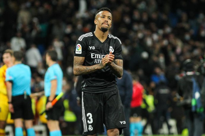 Eder Militao of Real Madrid claps after the spanish league, La Liga Santander, football match played between Real Madrid and FC Barcelona at Santiago Bernabeu stadium on March 20, 2022, in Madrid, Spain.