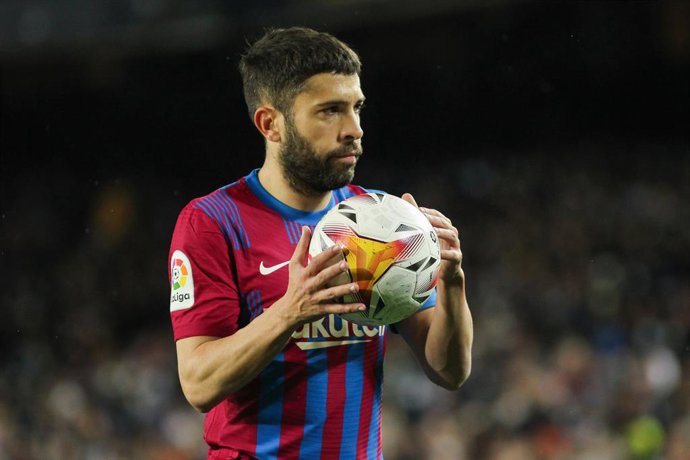 Jordi Alba of FC Barcelona gestures a goal during the Spanish League, La Liga Santander, football match played between FC Barcelona and CA Osasuna at Camp Nou stadium on March 13, 2022, in Barcelona, Spain.