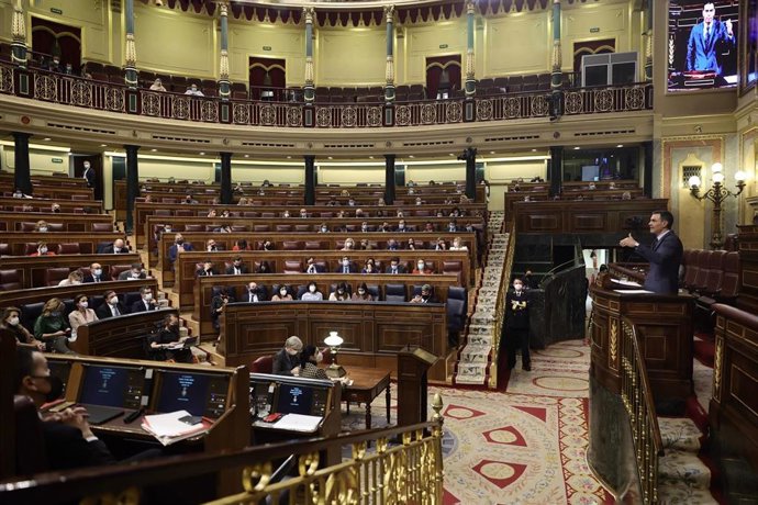 El presidente del Gobierno, Pedro Sánchez, interviene en una sesión plenaria, en el Congreso de los Diputados
