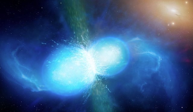 Impresión artística de estrellas de neutrones fusionándose, produciendo ondas gravitacionales y dando como resultado una explosión de kilonova