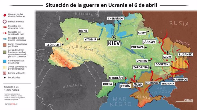 Mapa con la situación de la guerra en Ucrania el 6 de abril de 2022 (Estado a las 10:00 horas). El jefe de la Administración Militar Regional de Leópolis, Maksim Kozitski, ha confirmado a última hora de este martes nuevos ataques aéreos y explosiones en