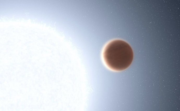 Esta es una ilustración artística del planeta KELT-20b que orbita alrededor de una estrella azul-blanca.