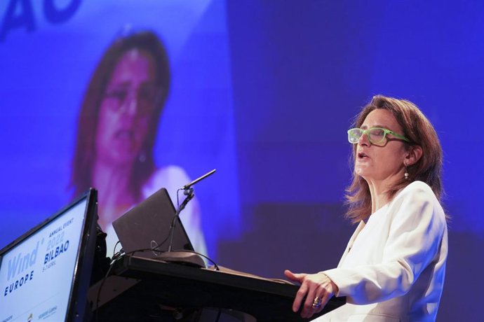 La vicepresidenta tercera y ministra para la Transición Ecológica y el Reto Demográfico, Teresa Ribera, interviene en la inauguración del WindEurope Annual Event 2022, a 5 de abril de 2022, en Barakaldo, Vizcaya, Euskadi (España). 