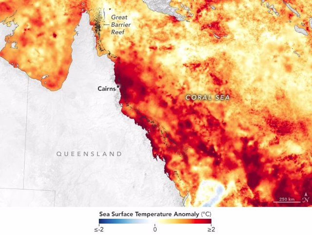 Anomalía de la superficie del mar en marzo de 2022 en aguas de la Gran Barrera de Coral