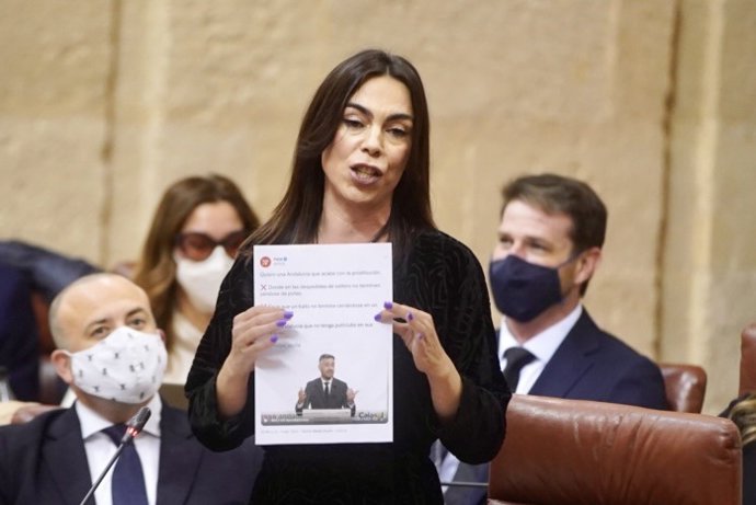 La portavoz de Cs en el Parlamento de Andalucía, Teresa Pardo, este jueves en el Pleno durante su pregunta a Moreno.
