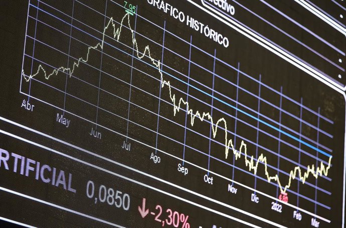 Vista de paneles con valores bursátiles en el Palacio de la Bolsa, a 25 de marzo de 2022, en Madrid (España).