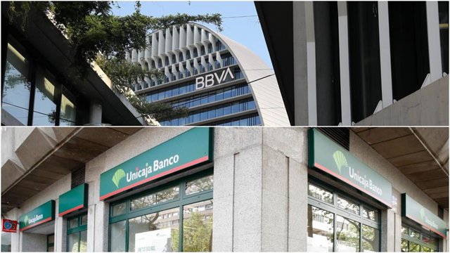 Archivo - Logo de BBVA y de Unicaja Banco