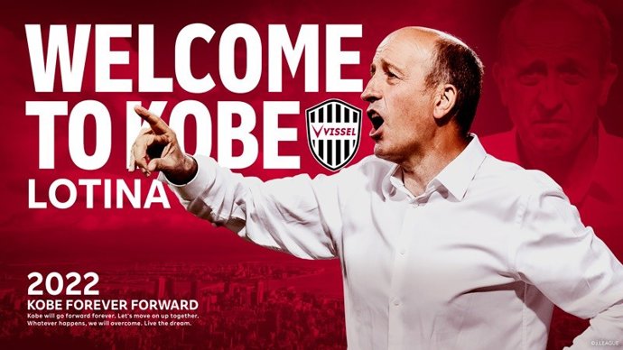 Cartel de presentación del entrenador español Miguel Ángel Lotina como nuevo técnico del Vissel Kobe.