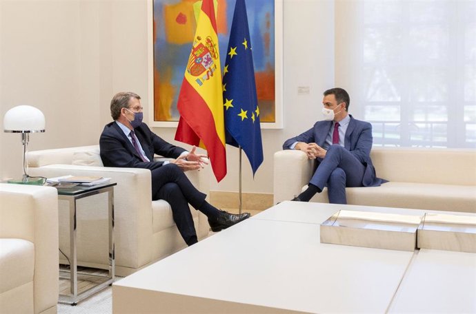 El presidente nacional del PP, Alberto Núñez Feijóo (i) y el presidente del Gobierno, Pedro Sánchez (d), durante su reunión en La Moncloa