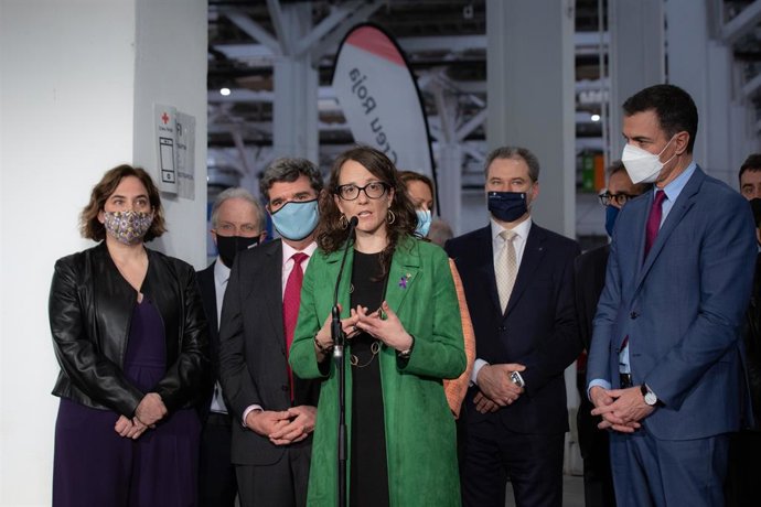 Declaracions de la consellera d'Igualtat i Feminismes de la Generalitat, Tnia Verge, durant la visita del president del Govern central, Pedro Sánchez, al centre de refugiats ucranesos installat al recinte de Montjuc de Fira de Barcelona.