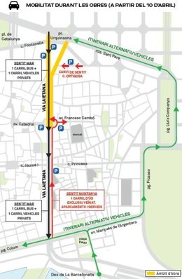 Se cortará la circulación de vehículos en sentido ascendente de la plaza de Antoni Maura a la de Urquinaona, además, hasta la plaza de Antoni Maura quedará restringida a un carril de uso restringido a ciertos usos.
