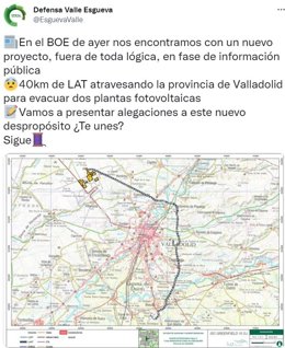 Tuit de la plataforma Defensa Valle Esgueva sobre las alegaciones que presentará por el proyecto