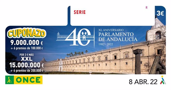 El Cuponazo de la ONCE dedicado al Parlamento por su 40 aniversario de su constitución.