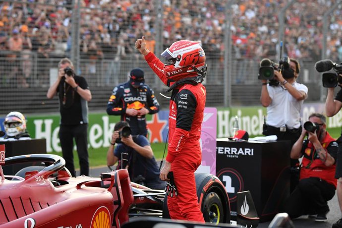 Charles Leclerc of Ferrari celebrates during Qualifying for the Formula 1 Australian Grand Prix 2022 at the Albert Park Grand Prix Circuit in Melbourne, Saturday, April 9, 2022. (AAP Image/Joel Carrett) NO ARCHIVING, EDITORIAL USE ONLY