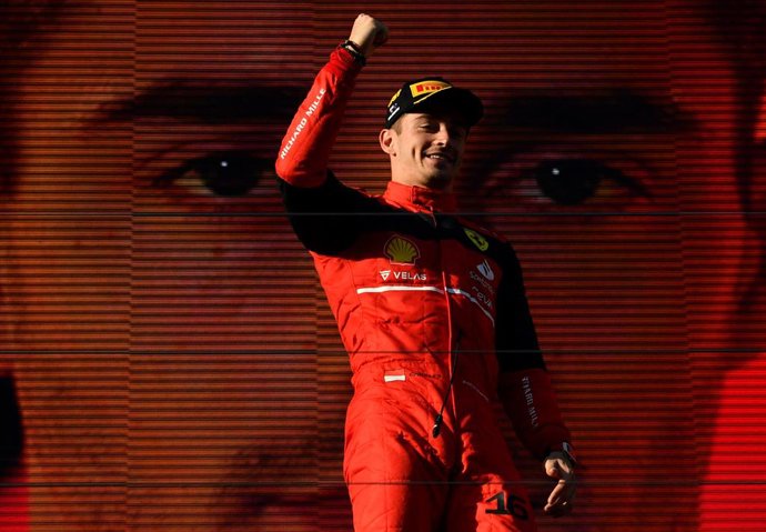 Charles Leclerc of Ferrari celebrates winning the Formula 1 Australian Grand Prix 2022 at the Albert Park Grand Prix Circuit in Melbourne, Sunday, April 10, 2022. (AAP Image/Joel Carrett) NO ARCHIVING, EDITORIAL USE ONLY