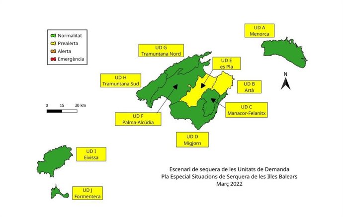 Mapa de la situación de la Unidades de Demanda (UD) del archipiélago en marzo.