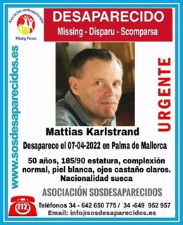 Mattias Karlstrand, desaparecido desde el 7 de abril en Palma.