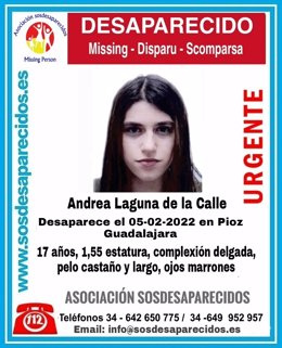 Cartel de Sos Desaparecidos en el que alerta de la desaparición de Andrea Laguna de la Calle.