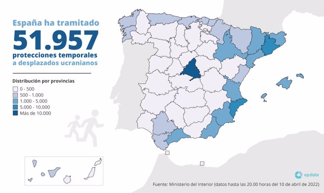 Mapa con la distribución por provincias de las protecciones temporales de refugiados ucranianos tramitadas en España hasta el 10 de abril de 2022