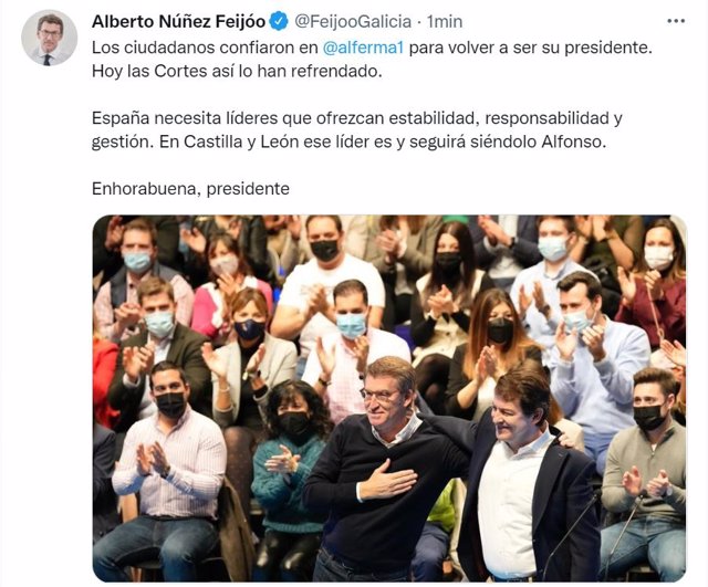 Tuit de Alberto Núñez Feijóo para felicitar a Alfonso Fernández Mañueco tras su investidura como nuevo presidente de la Junta de Castilla y León.