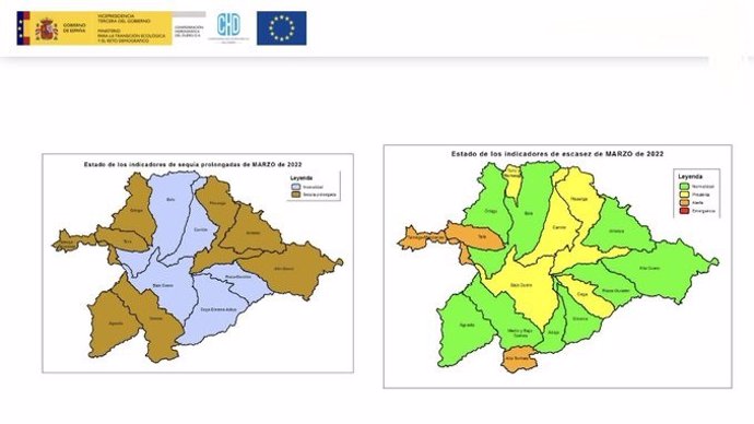 Mapas de sequía y escasez sobre el estado de los sistemas en el mes de marzo facilitados por la CHD