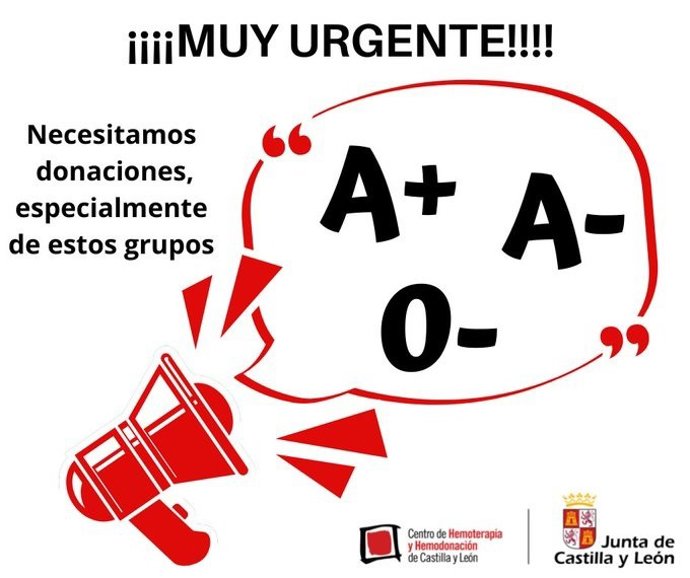 Gráfico del Centro de Hemoterapia y Hemodonación en el que urge a donar sangre de los grupos A+, A- y 0-