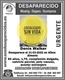 SOS Desaparecidos confirma la aparición de Denis Walker sin vida.