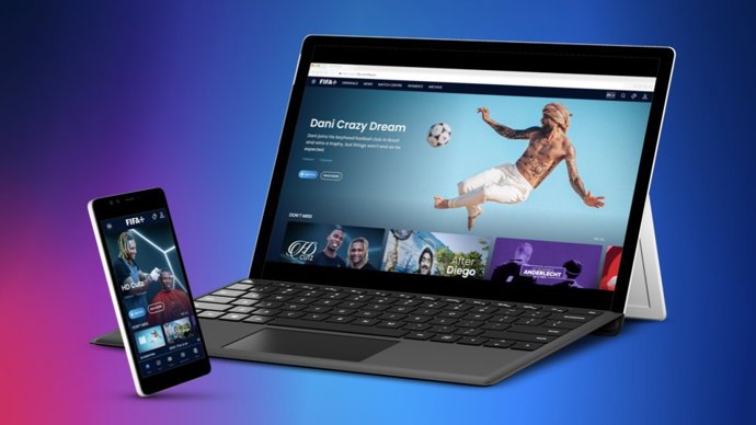 The image is a visual representation of FIFA+, a world-class digital platform created to connect football fans across the globe more deeply with the game they love, for free, and how it will appear across all web and mobile devices.