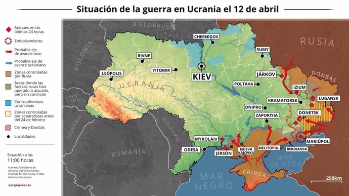 Mapa con la situación de la guerra en Ucrania el 12 de abril de 2022 (Estado a las 11:00 horas). El jefe de la Administración Estatal Regional de Járkov, Oleg Sinegubov, ha informado de que al menos ocho personas, incluido un niño, han muerto y 19 han r
