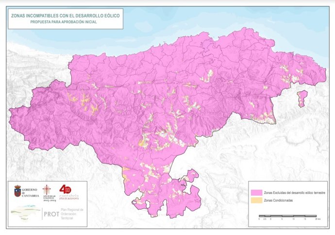 Mapa de exclusión eólica (en rosa zonas excluidas  y en naraja zonas condicionadas)