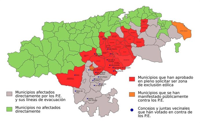 Mapa de municipios no eólicos de Cantabria