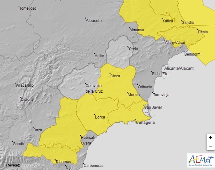 Aviso amarillo por lluvias para este miércoles en la mayor parte de la Región de Murcia