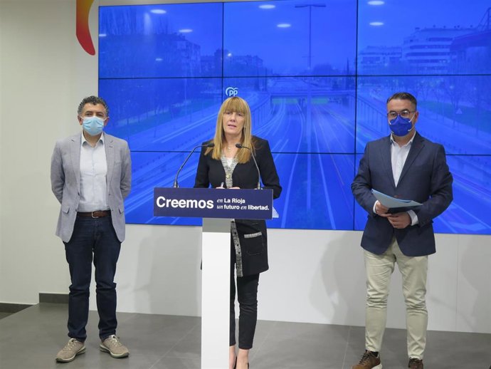 La senadora del PP, Ana Lourdes González, el diputado nacional, Javier Merino, y el diputado autonómico, Carlos Cuevas, en comparecencia de prensa