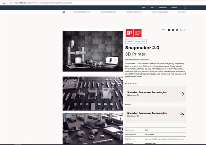 Snapmaker 2.0 3D Printer Wins iF Design Award 2022