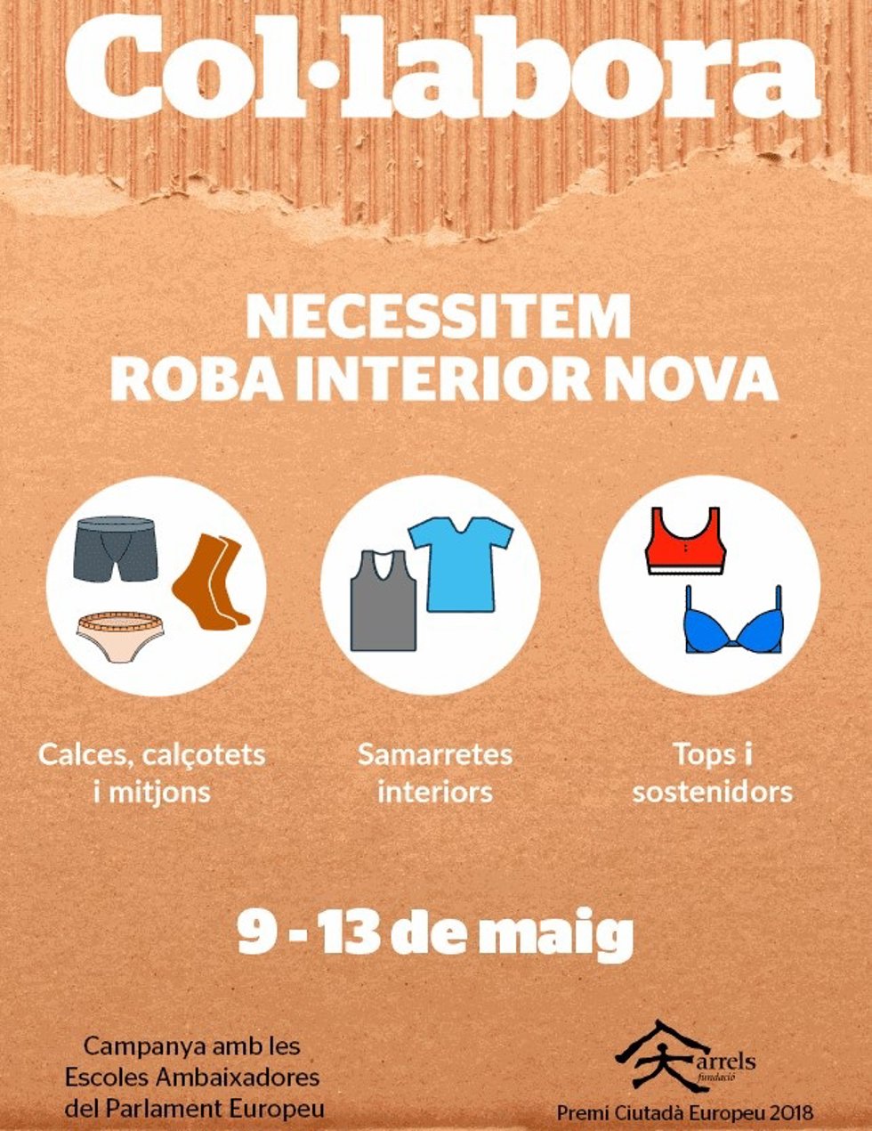 Cartel de la campaña de recogida de ropa interior de la Oficina del Parlamento Europeo en Barcelona y Arrels Fundació