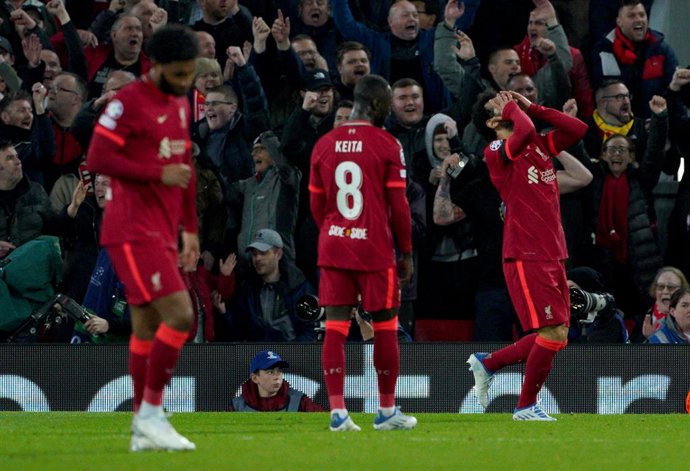 13 April 2022, United Kingdom, Liverpool: Liverpool's Mohamed Salah reacts after he scores a goal which is later disallowed during the UEFA Champions League Quarter-final second leg soccer match between Liverpool FC and SL Benfica at Anfield Stadium. Ph