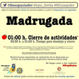 Imagen difundida por Emergencias Sevilla en sus redes sociales para informar del horario de cierre de los bares esta Madrugada.