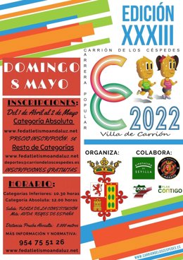 Cartel anunciador de las pruebas deportivas que acogerá Carrión de los Céspedes en el mes de mayo.