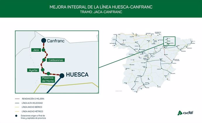 Plano que visualiza la licitación de Adif de la renovación integral del tramo Jaca-Canfranc por 31 millones de euros